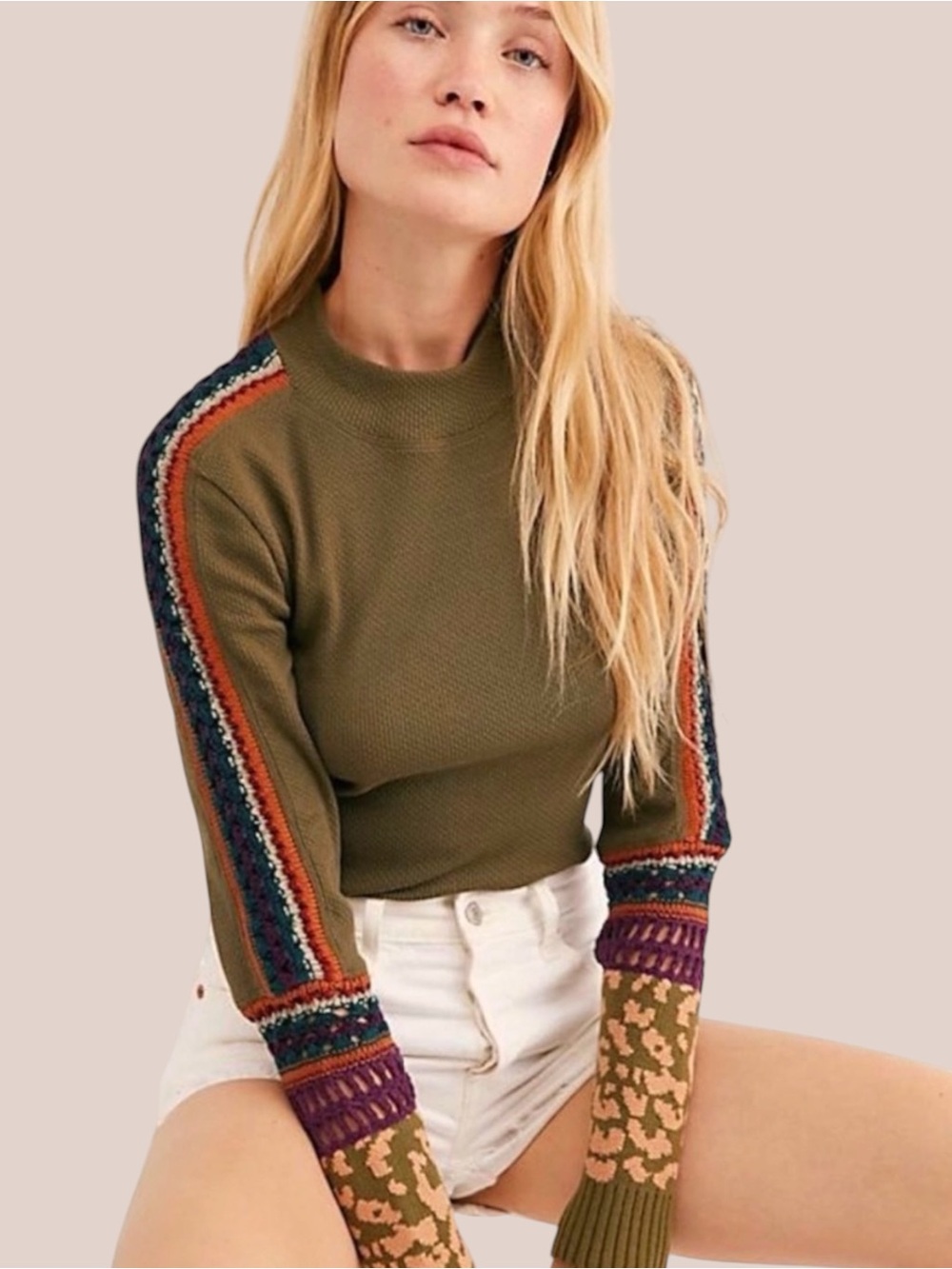 🌻Free People Switch It Up Thermal Top Army Green Crochet Leopard Cuff Boho XS